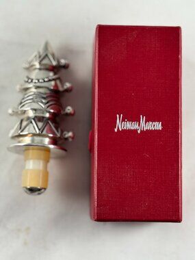 Neiman Marcus vintage silver plate Christmas Tree bottle stopper, with box, ex